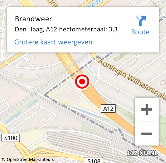 Locatie op kaart van de 112 melding: Brandweer Den Haag, A12 hectometerpaal: 3,3 op 4 november 2024 18:12