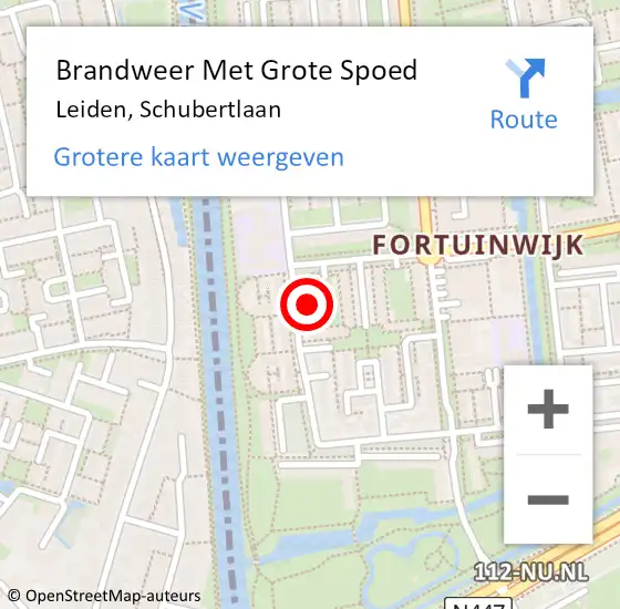 Locatie op kaart van de 112 melding: Brandweer Met Grote Spoed Naar Leiden, Schubertlaan op 4 november 2024 20:08