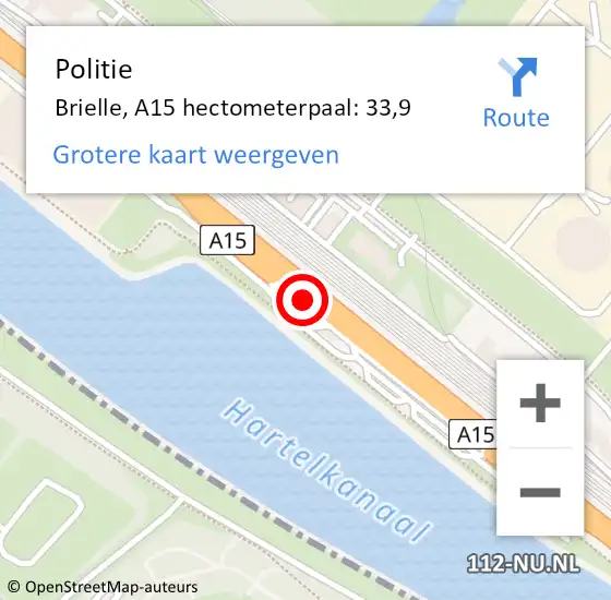 Locatie op kaart van de 112 melding: Politie Brielle, A15 hectometerpaal: 33,9 op 4 november 2024 21:44