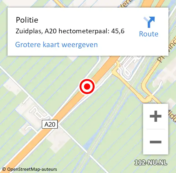 Locatie op kaart van de 112 melding: Politie Zuidplas, A20 hectometerpaal: 45,6 op 5 november 2024 05:26