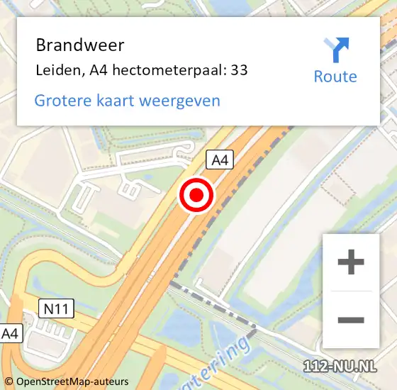 Locatie op kaart van de 112 melding: Brandweer Leiden, A4 hectometerpaal: 33 op 5 november 2024 06:36