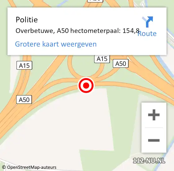 Locatie op kaart van de 112 melding: Politie Overbetuwe, A50 hectometerpaal: 154,8 op 5 november 2024 06:45