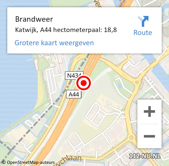 Locatie op kaart van de 112 melding: Brandweer Katwijk, A44 hectometerpaal: 18,8 op 5 november 2024 08:00