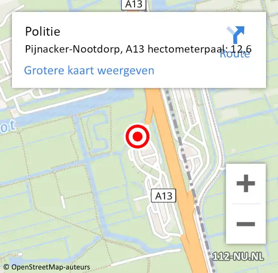 Locatie op kaart van de 112 melding: Politie Pijnacker-Nootdorp, A13 hectometerpaal: 12,6 op 5 november 2024 08:10