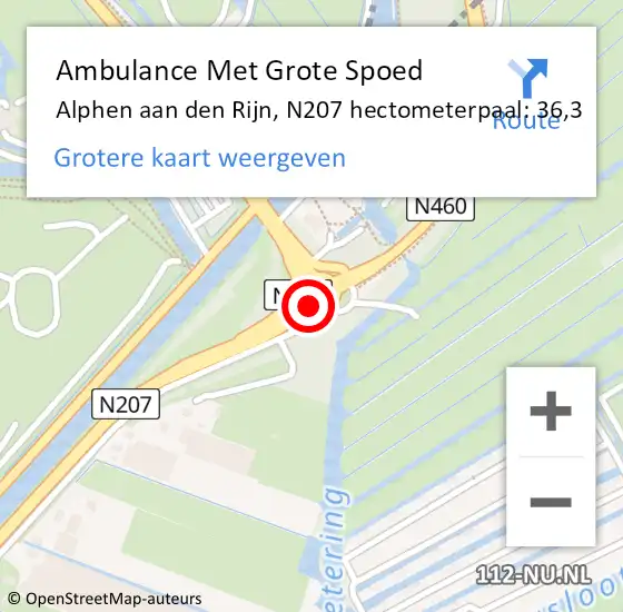 Locatie op kaart van de 112 melding: Ambulance Met Grote Spoed Naar Alphen aan den Rijn, N207 hectometerpaal: 36,3 op 5 november 2024 08:58