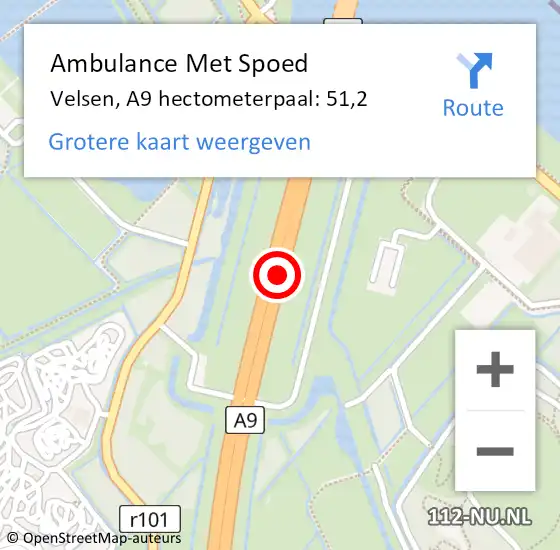 Locatie op kaart van de 112 melding: Ambulance Met Spoed Naar Velsen, A9 hectometerpaal: 51,2 op 5 november 2024 10:01