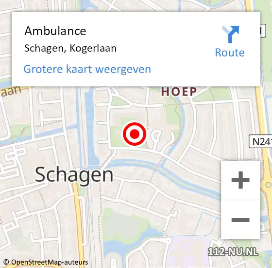 Locatie op kaart van de 112 melding: Ambulance Schagen, Kogerlaan op 5 november 2024 12:27