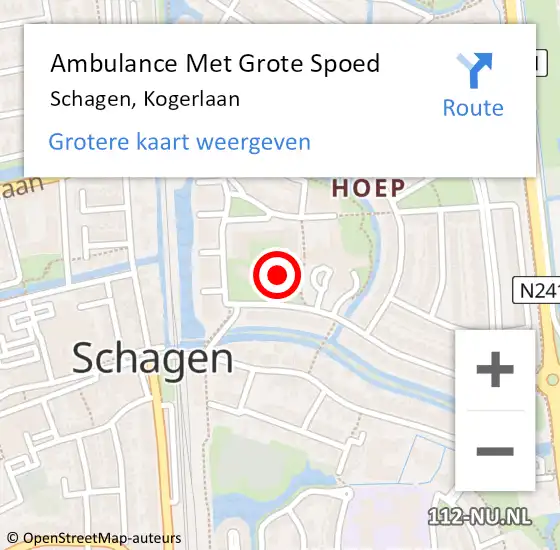 Locatie op kaart van de 112 melding: Ambulance Met Grote Spoed Naar Schagen, Kogerlaan op 5 november 2024 12:27