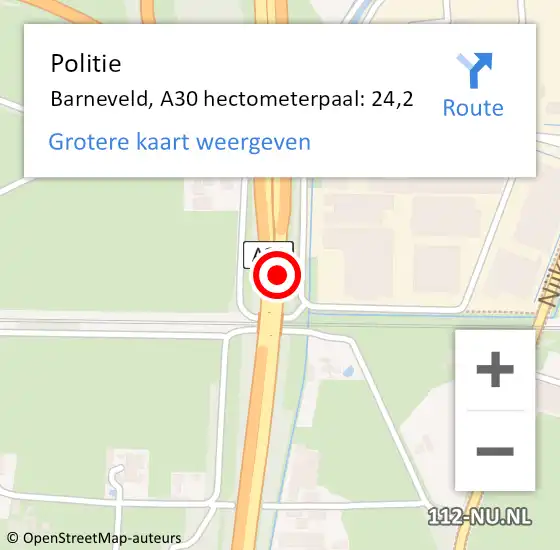 Locatie op kaart van de 112 melding: Politie Barneveld, A30 hectometerpaal: 24,2 op 5 november 2024 13:07