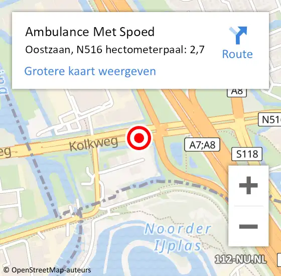 Locatie op kaart van de 112 melding: Ambulance Met Spoed Naar Oostzaan, N516 hectometerpaal: 2,7 op 5 november 2024 14:39