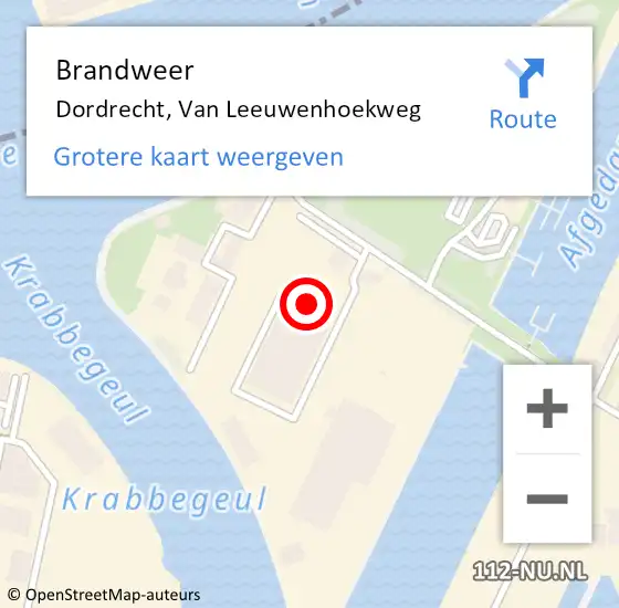 Locatie op kaart van de 112 melding: Brandweer Dordrecht, Van Leeuwenhoekweg op 5 november 2024 15:02