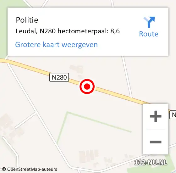 Locatie op kaart van de 112 melding: Politie Leudal, N280 hectometerpaal: 8,6 op 5 november 2024 15:51