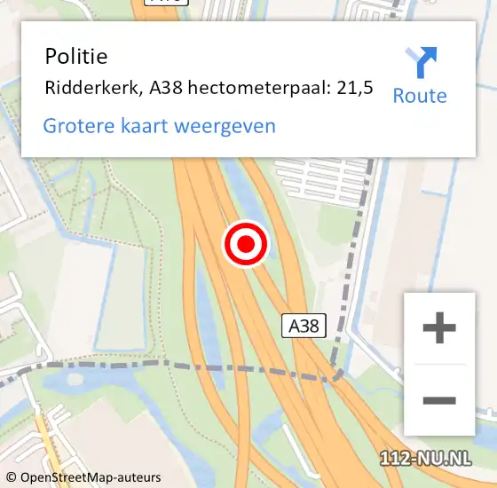 Locatie op kaart van de 112 melding: Politie Ridderkerk, A38 hectometerpaal: 21,5 op 5 november 2024 16:09