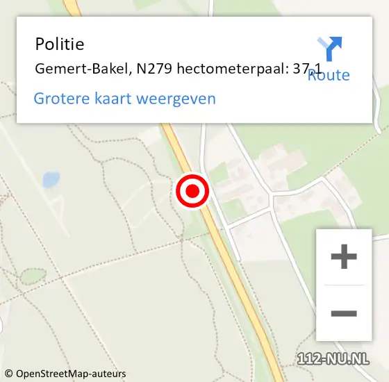 Locatie op kaart van de 112 melding: Politie Gemert-Bakel, N279 hectometerpaal: 37,1 op 5 november 2024 16:40