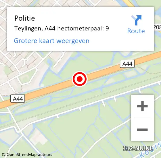 Locatie op kaart van de 112 melding: Politie Teylingen, A44 hectometerpaal: 9 op 5 november 2024 16:50