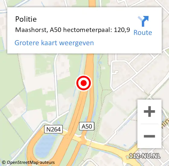 Locatie op kaart van de 112 melding: Politie Maashorst, A50 hectometerpaal: 120,9 op 5 november 2024 17:51