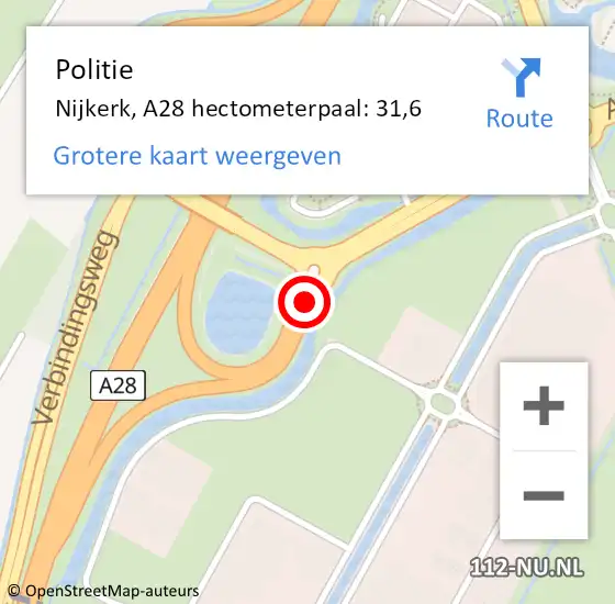 Locatie op kaart van de 112 melding: Politie Nijkerk, A28 hectometerpaal: 31,6 op 5 november 2024 17:55