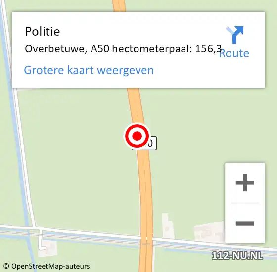 Locatie op kaart van de 112 melding: Politie Overbetuwe, A50 hectometerpaal: 156,3 op 5 november 2024 18:26