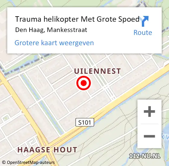 Locatie op kaart van de 112 melding: Trauma helikopter Met Grote Spoed Naar Den Haag, Mankesstraat op 5 november 2024 23:40