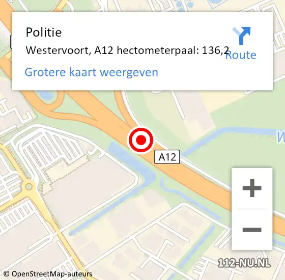 Locatie op kaart van de 112 melding: Politie Westervoort, A12 hectometerpaal: 136,2 op 6 november 2024 06:21