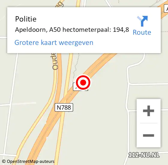 Locatie op kaart van de 112 melding: Politie Apeldoorn, A50 hectometerpaal: 194,8 op 6 november 2024 07:38