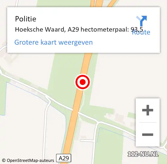 Locatie op kaart van de 112 melding: Politie Hoeksche Waard, A29 hectometerpaal: 93,5 op 6 november 2024 12:19