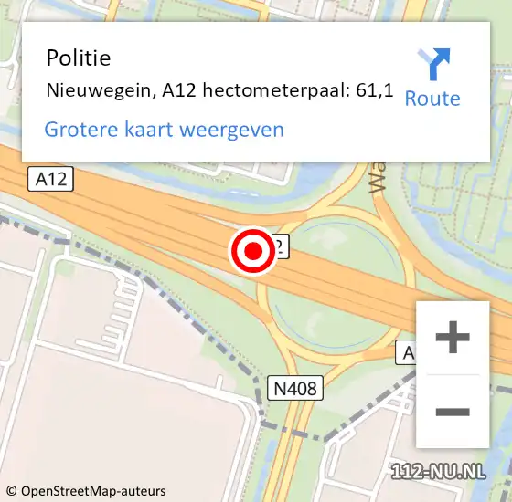 Locatie op kaart van de 112 melding: Politie Nieuwegein, A12 hectometerpaal: 61,1 op 6 november 2024 12:43