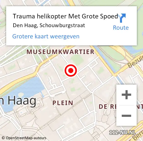 Locatie op kaart van de 112 melding: Trauma helikopter Met Grote Spoed Naar Den Haag, Schouwburgstraat op 6 november 2024 15:06