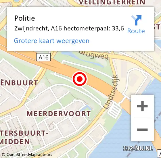 Locatie op kaart van de 112 melding: Politie Zwijndrecht, A16 hectometerpaal: 33,6 op 6 november 2024 15:52