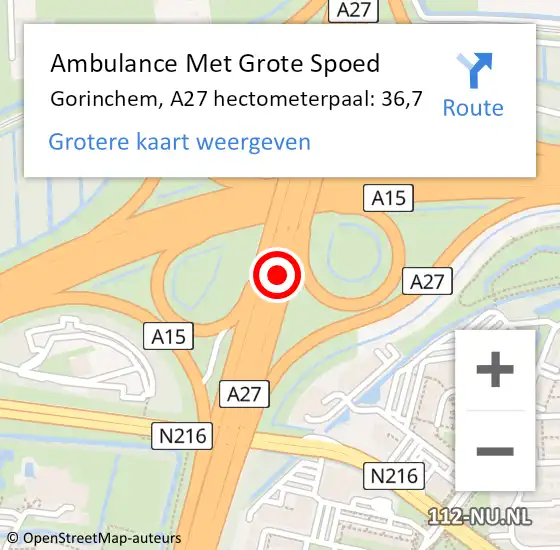 Locatie op kaart van de 112 melding: Ambulance Met Grote Spoed Naar Gorinchem, A27 hectometerpaal: 36,7 op 6 november 2024 16:19