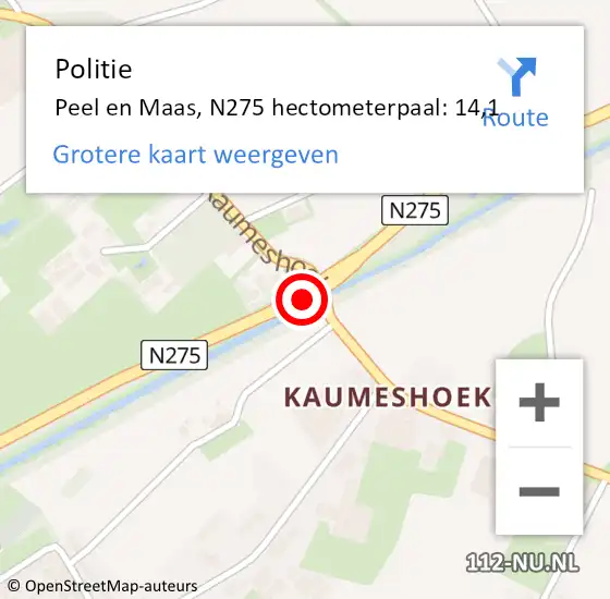 Locatie op kaart van de 112 melding: Politie Peel en Maas, N275 hectometerpaal: 14,1 op 6 november 2024 16:19