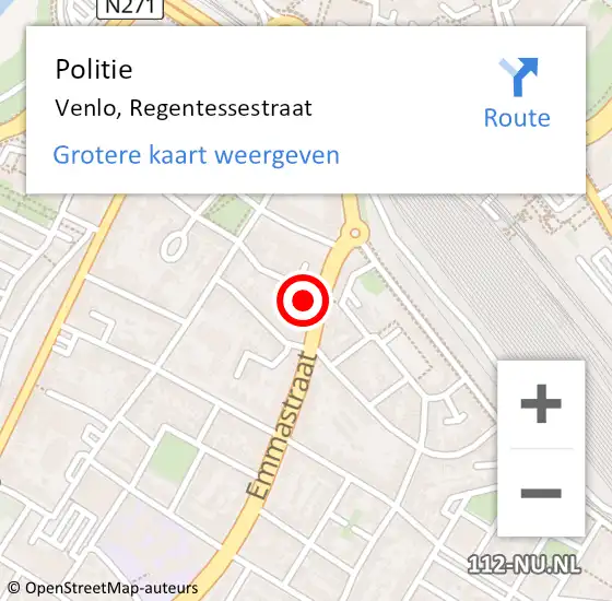 Locatie op kaart van de 112 melding: Politie Venlo, Regentessestraat op 6 november 2024 17:40