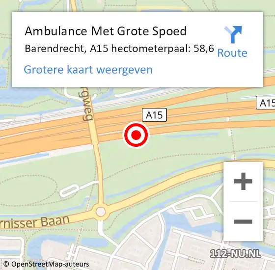 Locatie op kaart van de 112 melding: Ambulance Met Grote Spoed Naar Barendrecht, A15 hectometerpaal: 58,6 op 6 november 2024 18:15