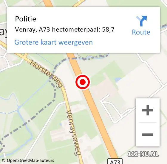 Locatie op kaart van de 112 melding: Politie Venray, A73 hectometerpaal: 58,7 op 6 november 2024 18:45