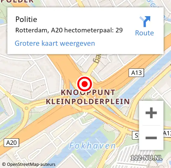 Locatie op kaart van de 112 melding: Politie Rotterdam, A20 hectometerpaal: 29 op 6 november 2024 20:07