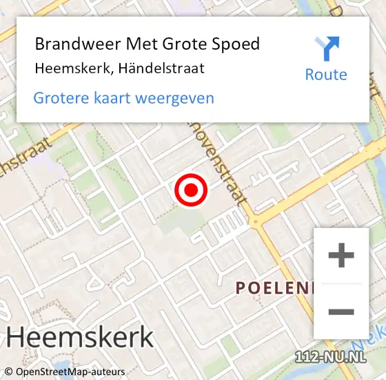 Locatie op kaart van de 112 melding: Brandweer Met Grote Spoed Naar Heemskerk, Händelstraat op 6 november 2024 20:19