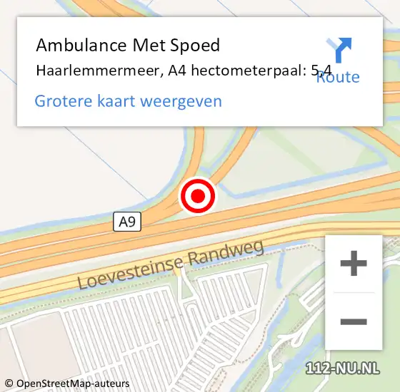 Locatie op kaart van de 112 melding: Ambulance Met Spoed Naar Haarlemmermeer, A4 hectometerpaal: 5,4 op 6 november 2024 21:18