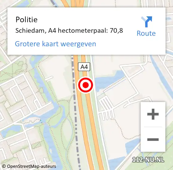 Locatie op kaart van de 112 melding: Politie Schiedam, A4 hectometerpaal: 70,8 op 7 november 2024 06:08