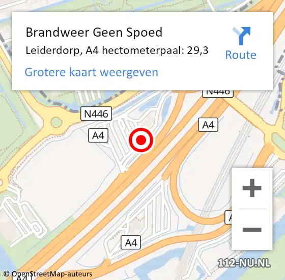 Locatie op kaart van de 112 melding: Brandweer Geen Spoed Naar Leiderdorp, A4 hectometerpaal: 29,3 op 7 november 2024 07:07