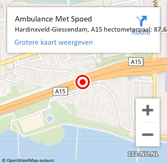 Locatie op kaart van de 112 melding: Ambulance Met Spoed Naar Hardinxveld-Giessendam, A15 hectometerpaal: 87,6 op 7 november 2024 07:17