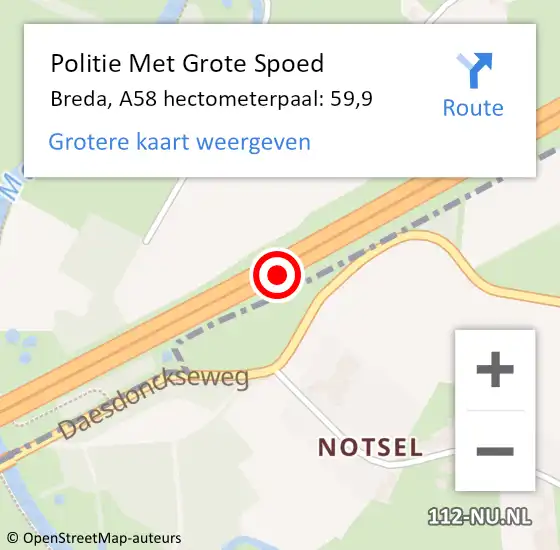 Locatie op kaart van de 112 melding: Politie Met Grote Spoed Naar Breda, A58 hectometerpaal: 59,9 op 7 november 2024 07:22