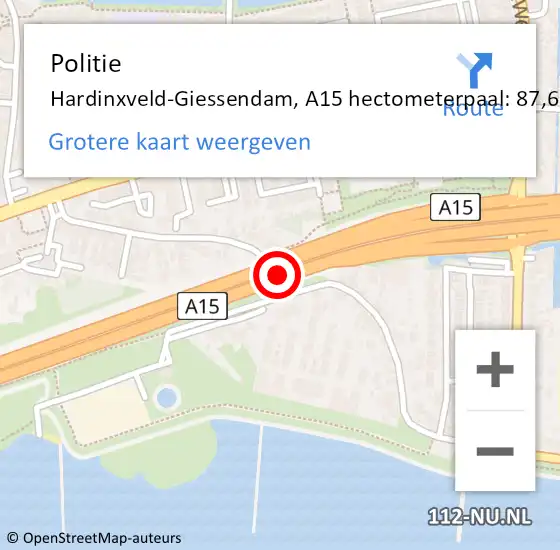 Locatie op kaart van de 112 melding: Politie Hardinxveld-Giessendam, A15 hectometerpaal: 87,6 op 7 november 2024 07:27