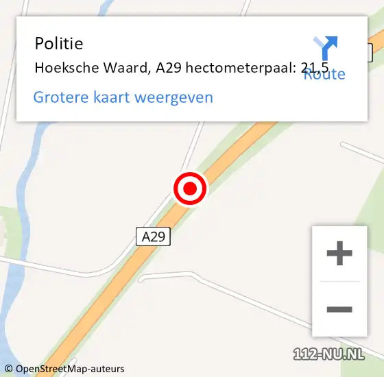 Locatie op kaart van de 112 melding: Politie Hoeksche Waard, A29 hectometerpaal: 21,5 op 7 november 2024 07:38