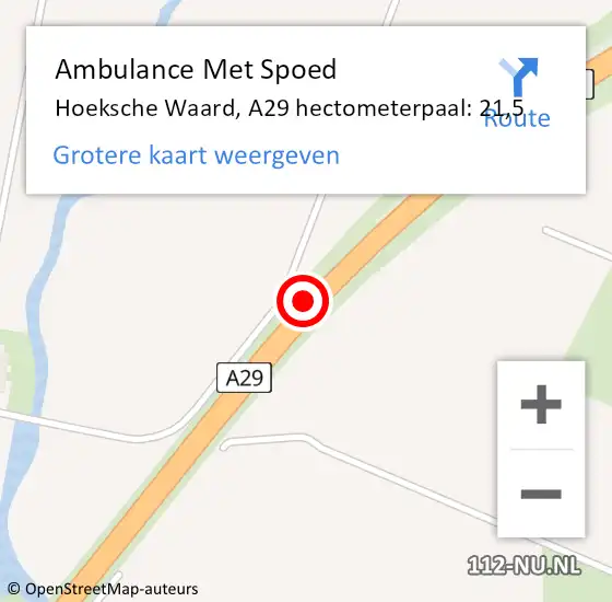 Locatie op kaart van de 112 melding: Ambulance Met Spoed Naar Hoeksche Waard, A29 hectometerpaal: 21,5 op 7 november 2024 07:43