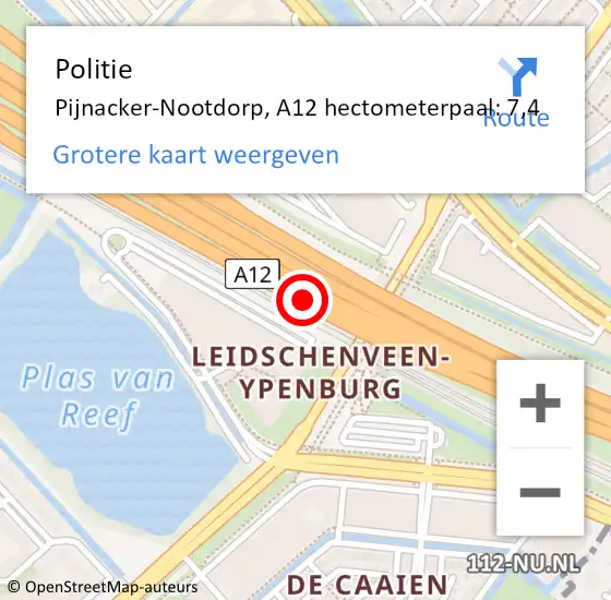 Locatie op kaart van de 112 melding: Politie Pijnacker-Nootdorp, A12 hectometerpaal: 7,4 op 7 november 2024 07:57