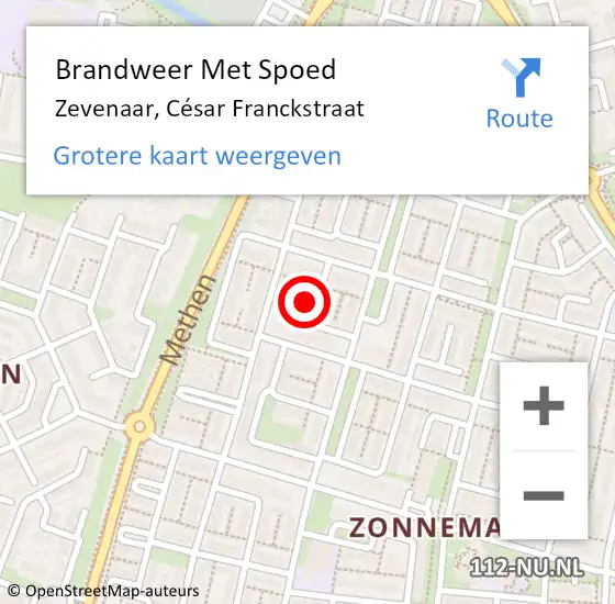 Locatie op kaart van de 112 melding: Brandweer Met Spoed Naar Zevenaar, César Franckstraat op 7 november 2024 08:06