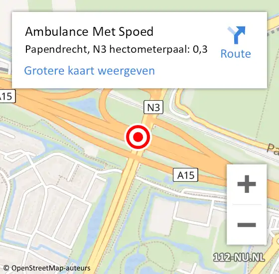 Locatie op kaart van de 112 melding: Ambulance Met Spoed Naar Papendrecht, N3 hectometerpaal: 0,3 op 7 november 2024 08:15