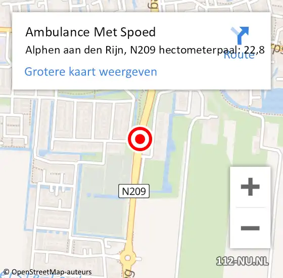 Locatie op kaart van de 112 melding: Ambulance Met Spoed Naar Alphen aan den Rijn, N209 hectometerpaal: 22,8 op 7 november 2024 08:27