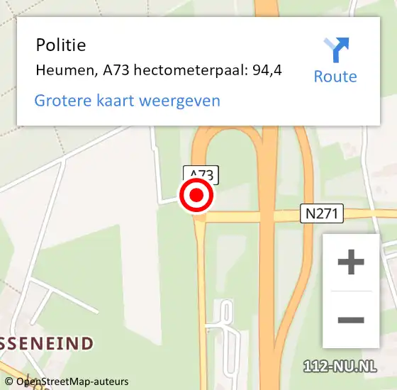 Locatie op kaart van de 112 melding: Politie Heumen, A73 hectometerpaal: 94,4 op 7 november 2024 08:48