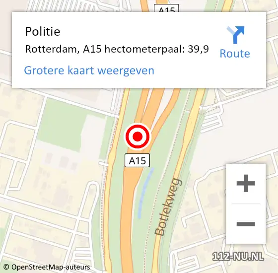 Locatie op kaart van de 112 melding: Politie Rotterdam, A15 hectometerpaal: 39,9 op 7 november 2024 10:49